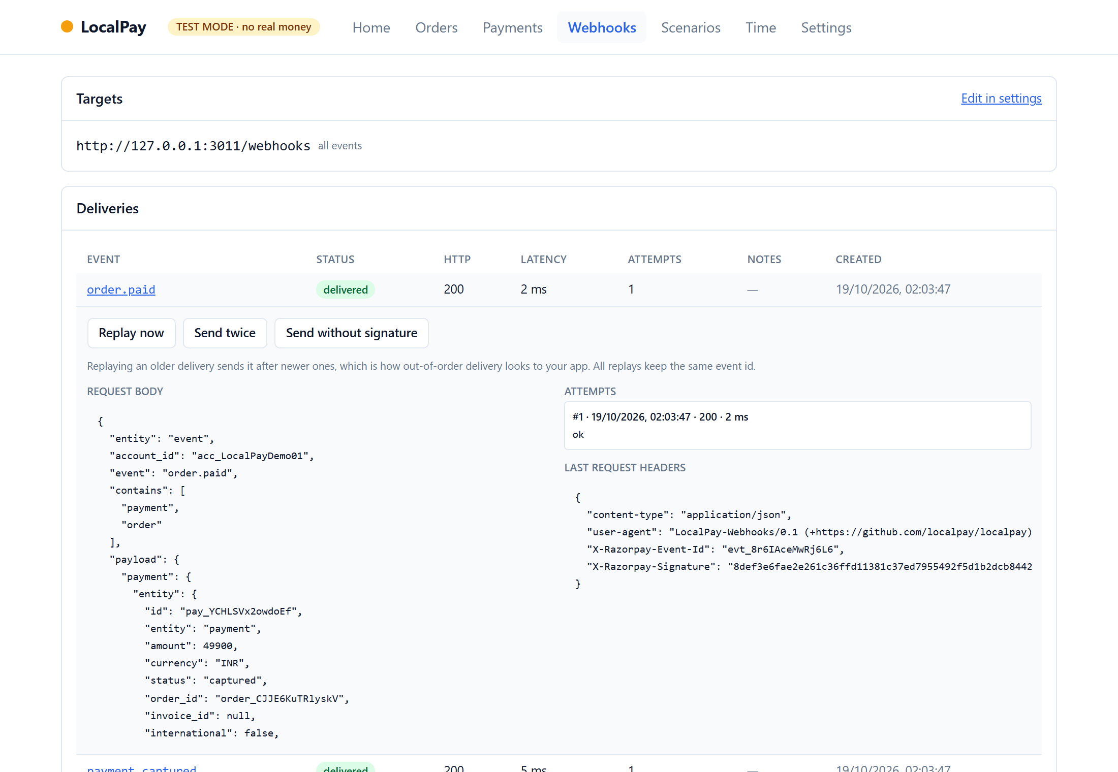The official dashboard expands a webhook with its content and delivery history, alongside controls for replay, duplicate delivery, and sending without a signature.