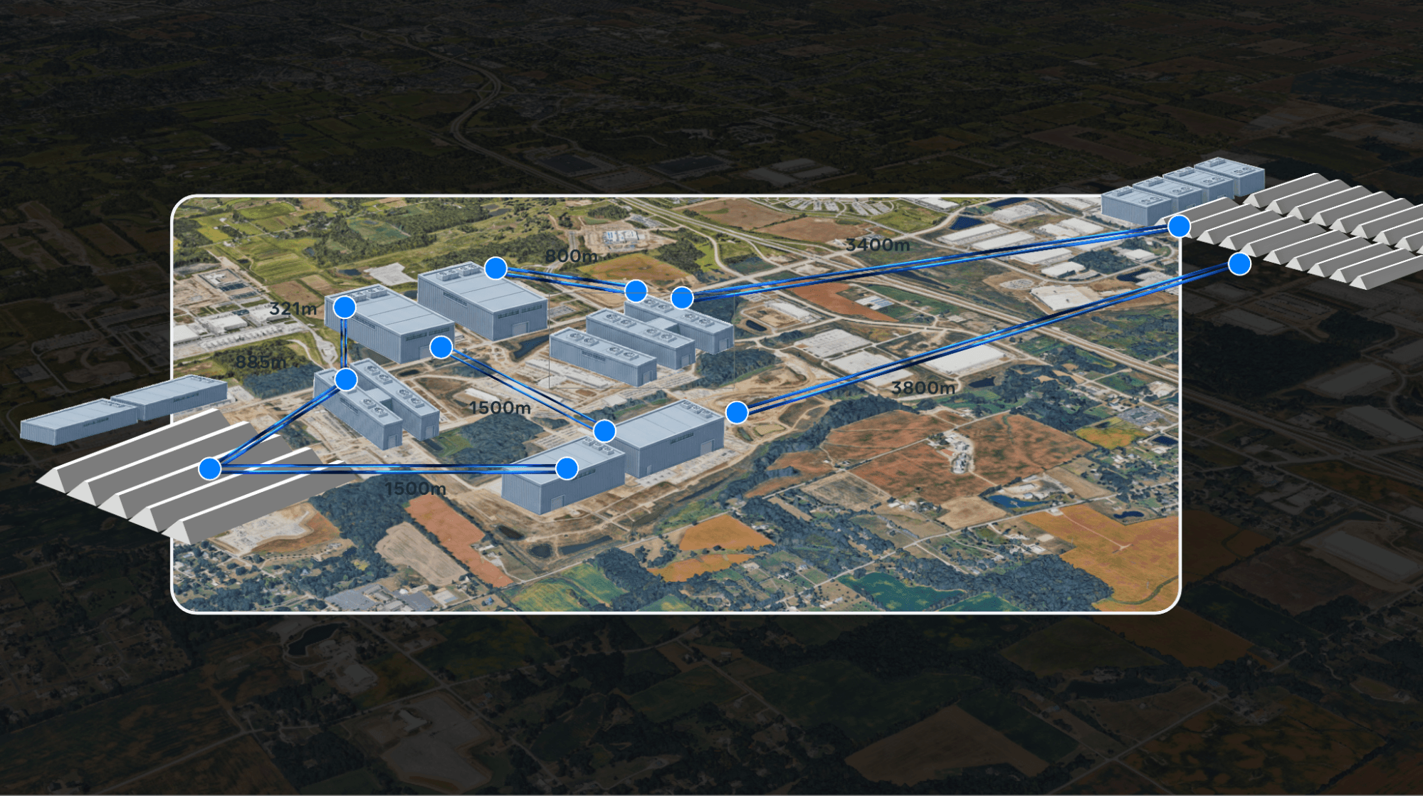 Blue links connect separate buildings. Their physical distances motivate different arrangements for cross-building traffic and tightly coupled local communication.
